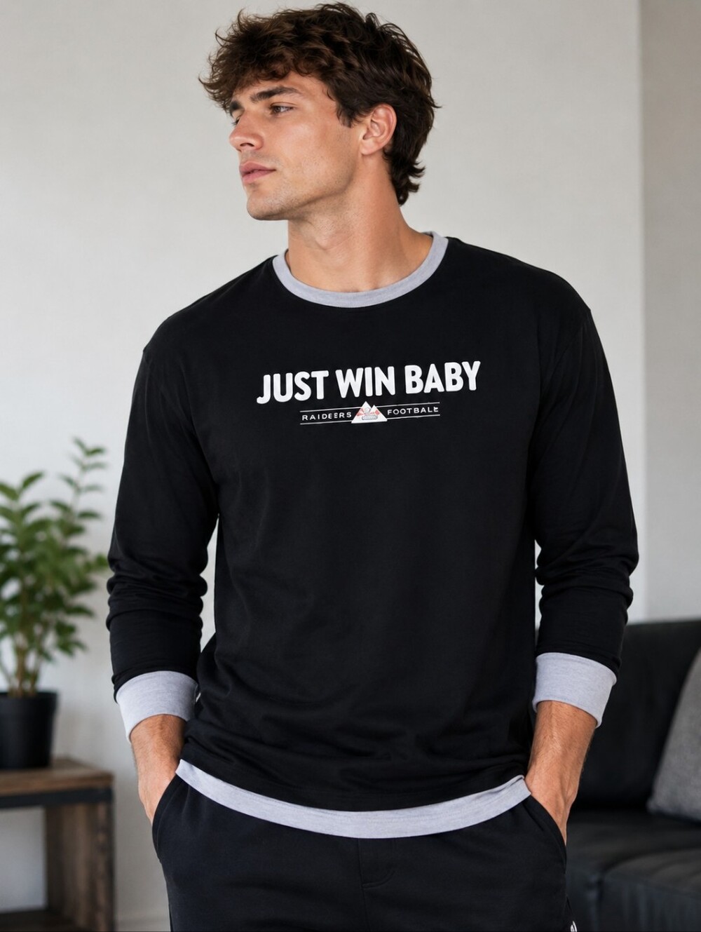 💖RAIDERS Black “JUST WIN BABY” FOOTBALL COORS LIGHTBEER Long Sleeve L P2p21 L26